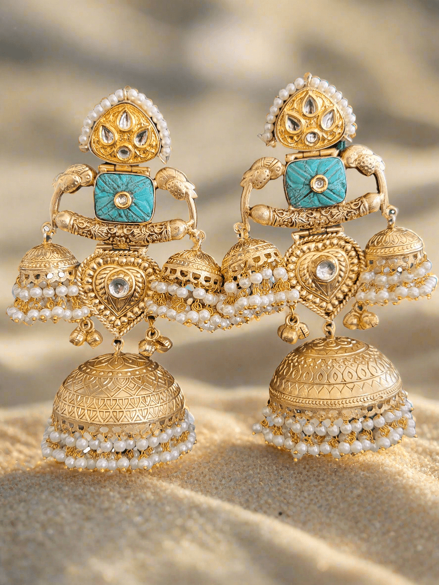 Gold-Toned Big Dome Jhumka Earrings with Turquoise Accents and Pearl Drops. - Mirae 