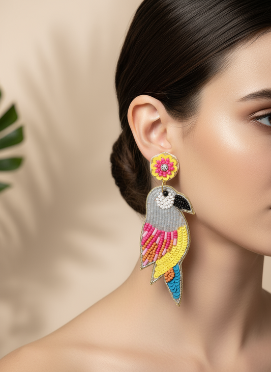 Parrot Beaded and Sequined Dangle Earrings with Floral Topper