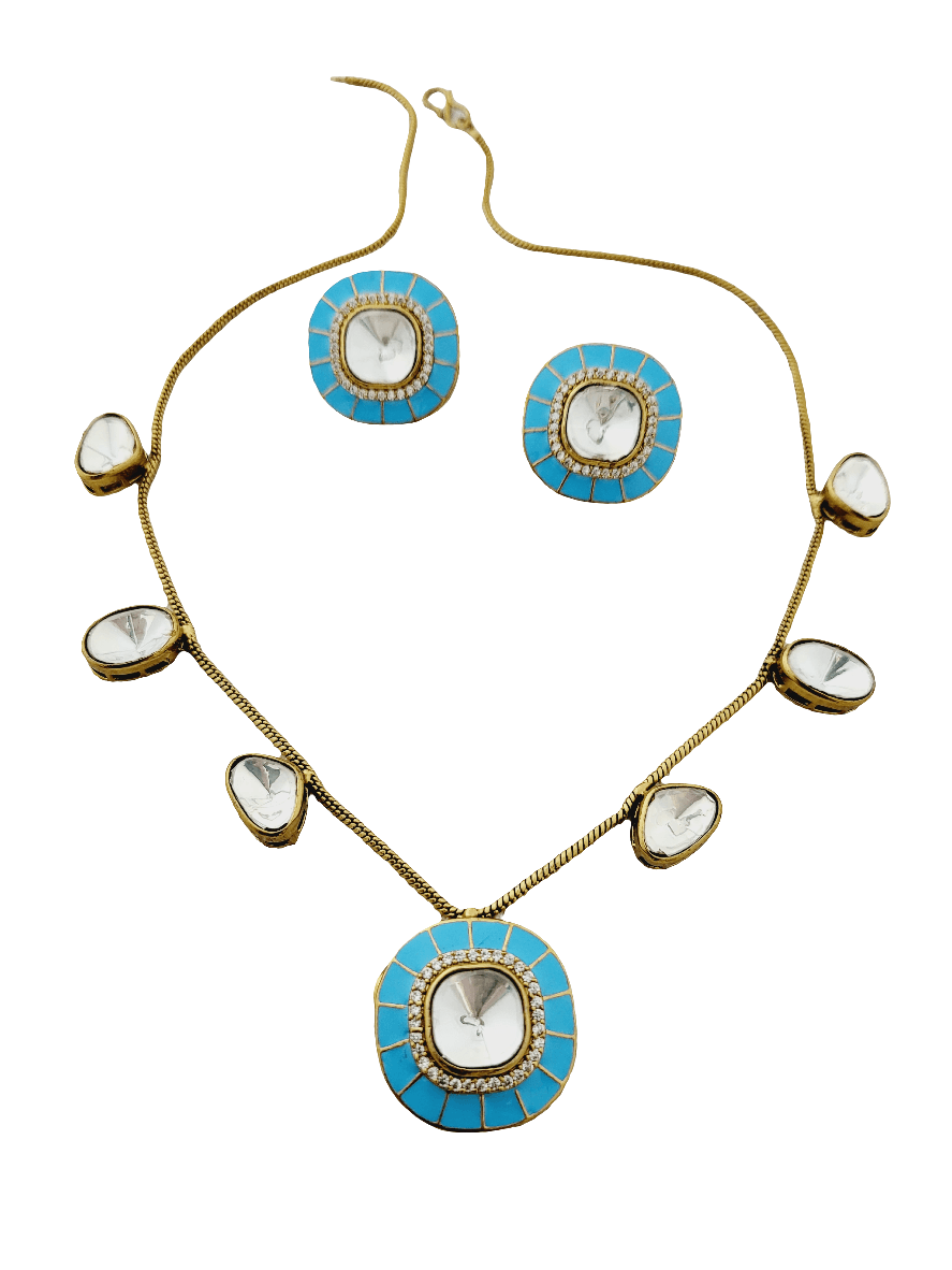 Turquoise Enamel and Polki Necklace Set - Mirae 