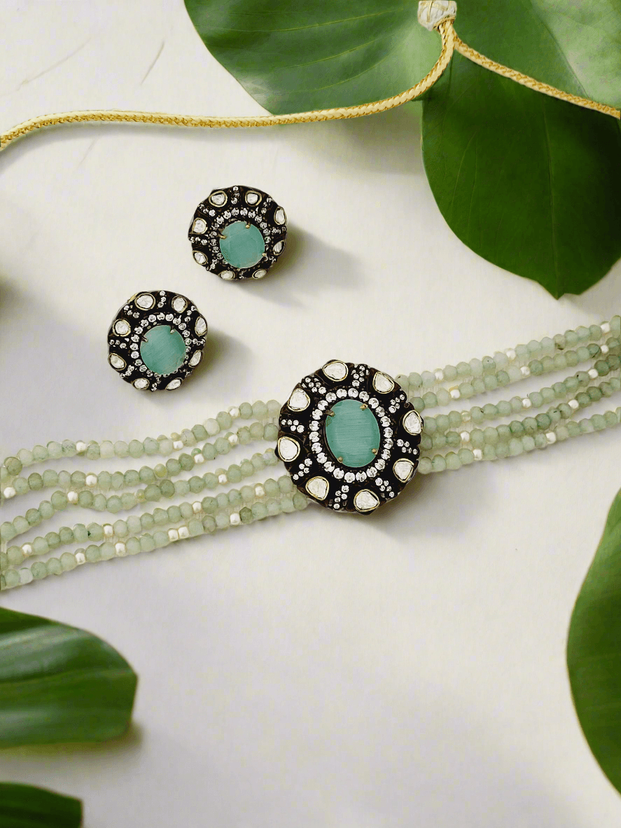 Regal Victorian Style Choker Set with Mint and Pearl Strands - Mirae 