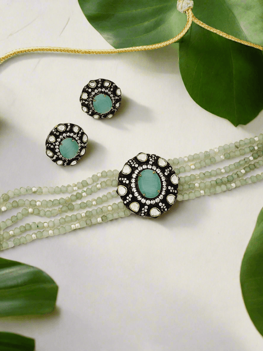 Regal Victorian Style Choker Set with Mint and Pearl Strands - Mirae 