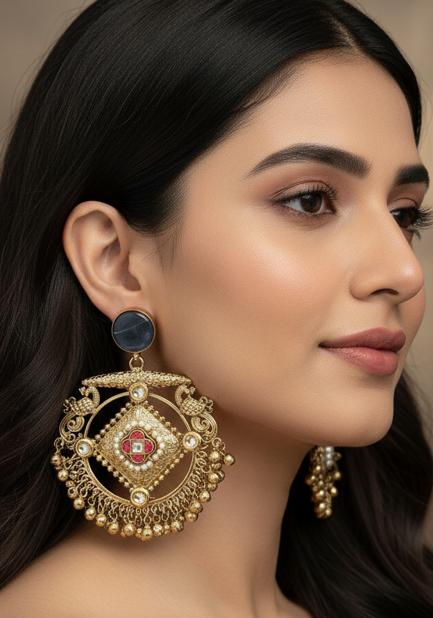 Gold-Toned Circular Dangle Earrings.