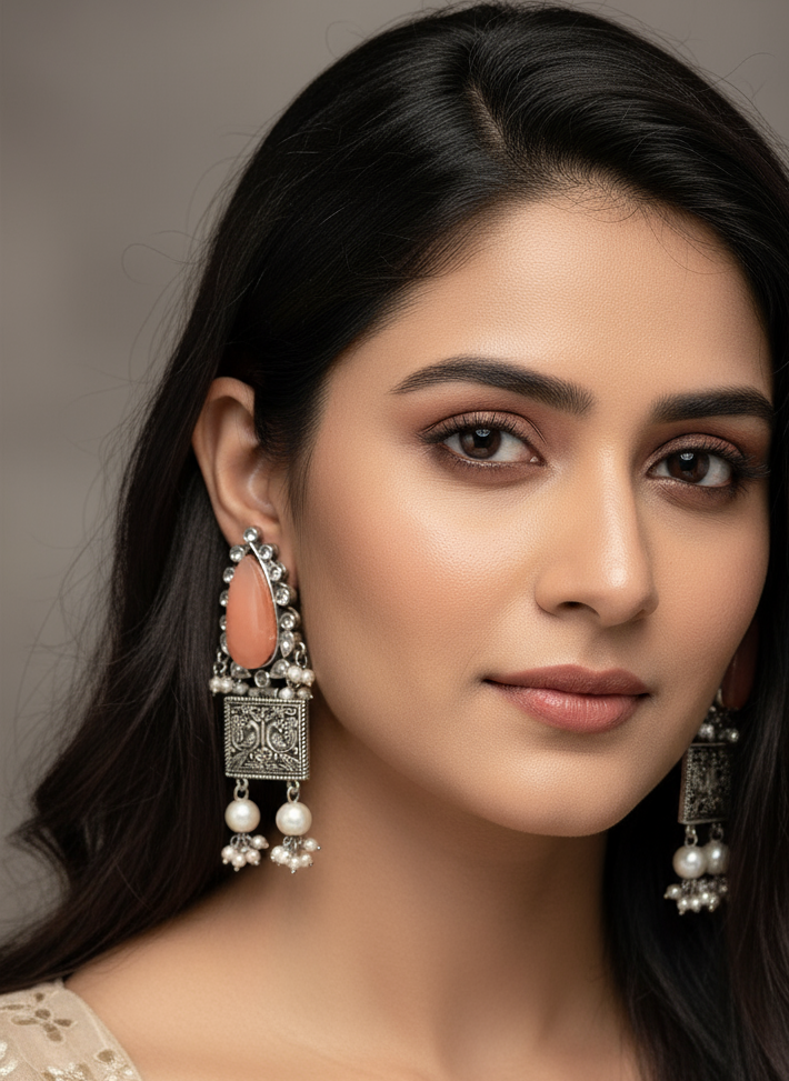 Traditional oxidized earring embellished with stones and pearls