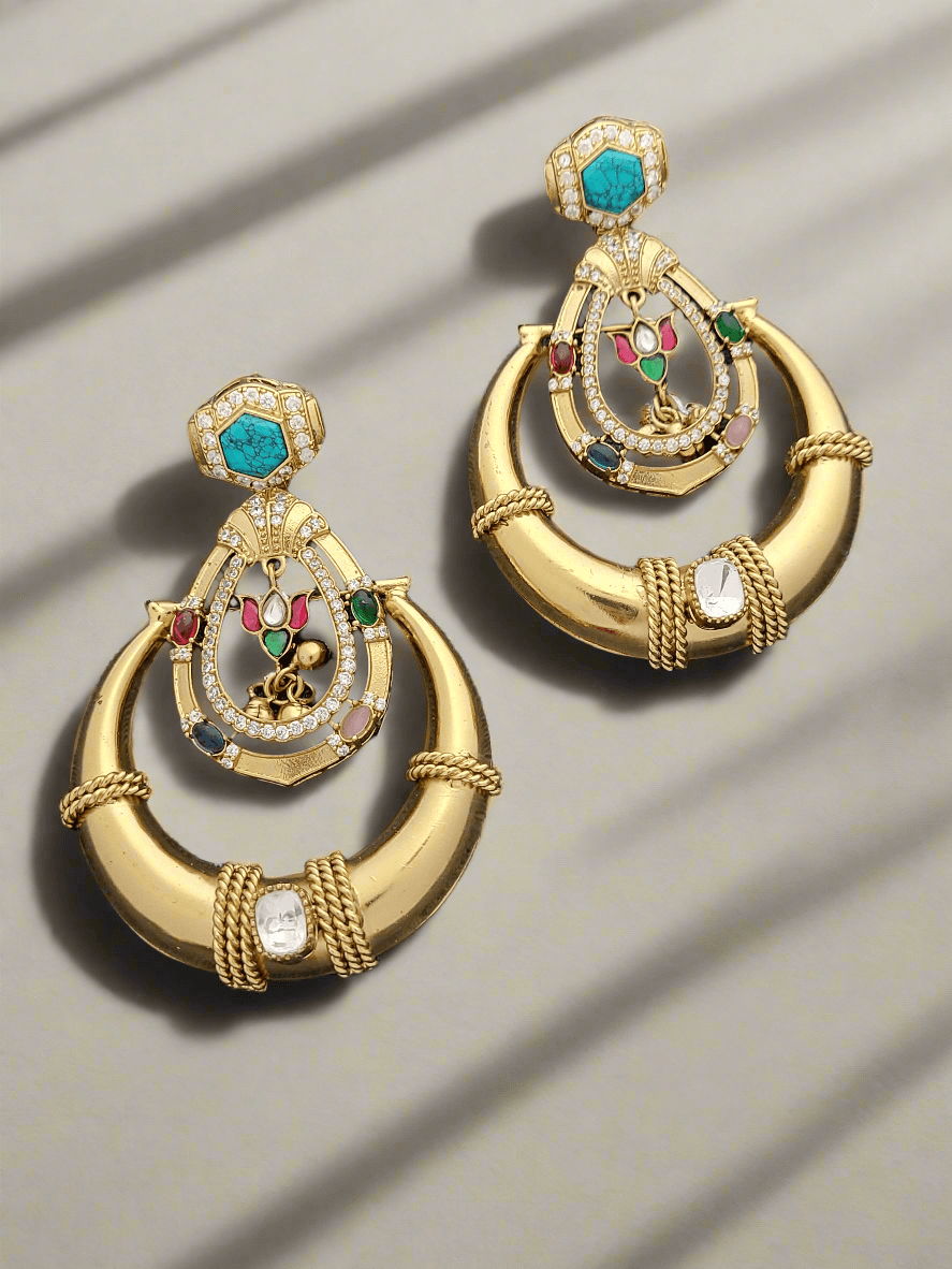 Gold-Toned Hoop Earrings with Turquoise and Multicolored Stone Accents - Mirae 