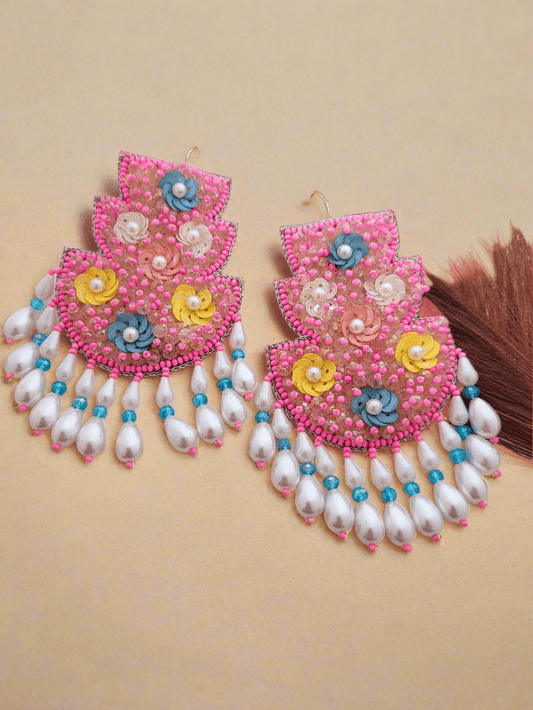 Beaded Chandbali Earrings with Floral Accents and Pearl Drops - Mirae 