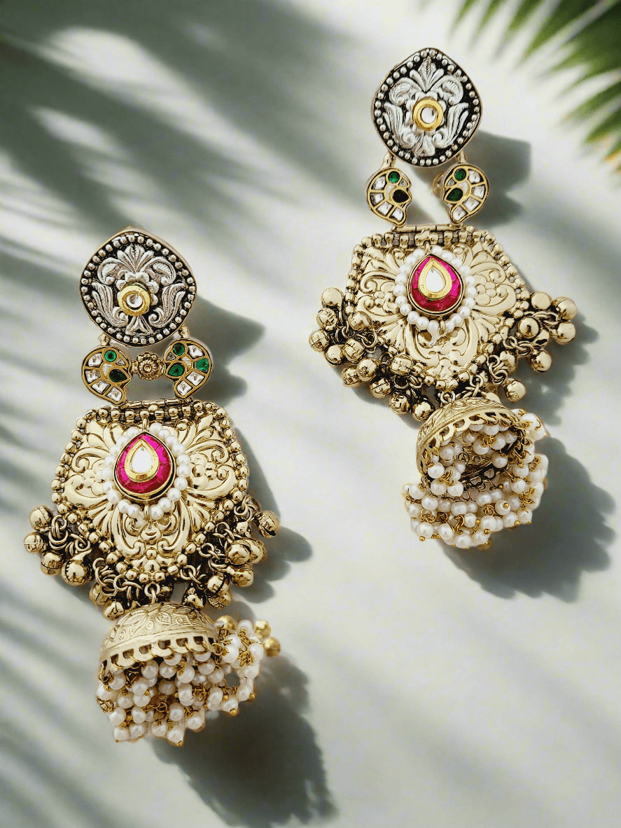 Antique Gold Plated Jhumka Earrings with Enamel and Pearl Drops - Mirae 