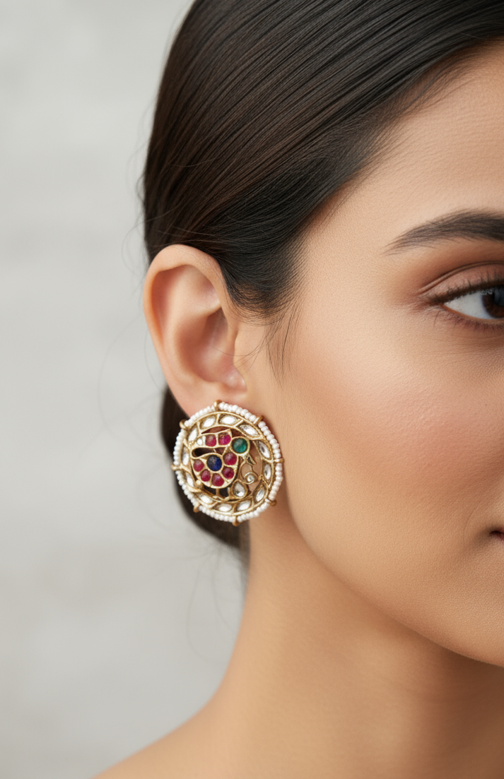 Colorful  Polki Stone Round Stud Earrings