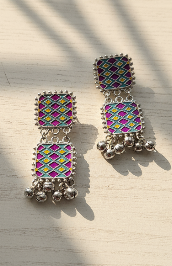 Oxidized Silver & Pink-Teal Meenakari Jhumki Drops