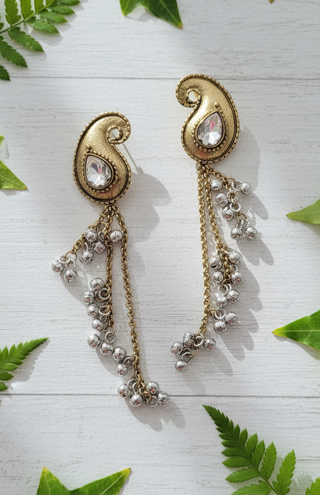 Antique Gold Paisley & Mixed Metal Ghungroo Chain Earrings