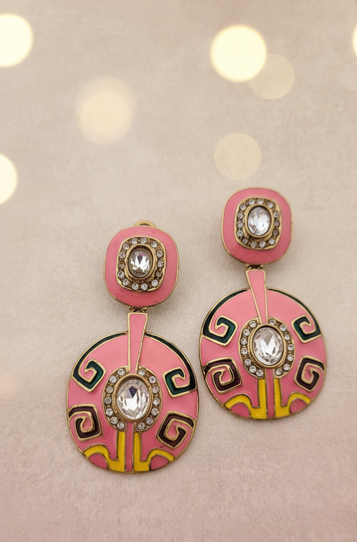 Bold Pink Enamel & Crystal Art Deco Drop Earrings