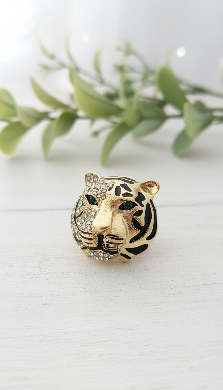 Majestic Crystal & Enamel Tiger Head Brooch