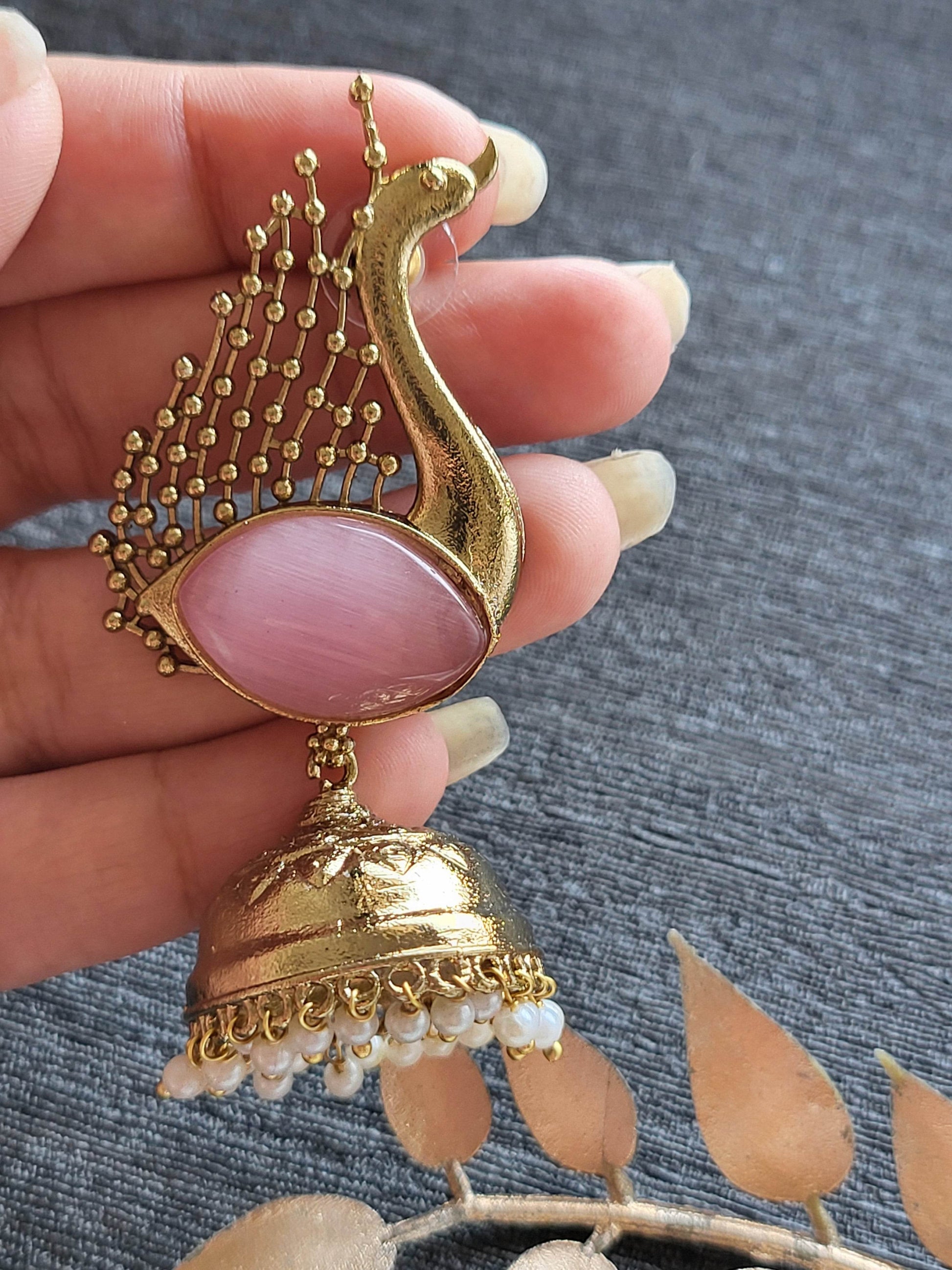 Peacock Motif Jhumkas in gold finish - Mirae 