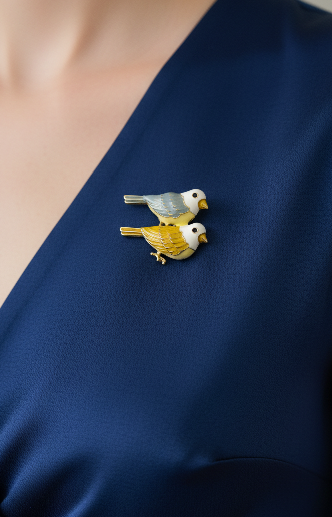 Yellow & Gray Enamel Bird Duo Brooch Pin