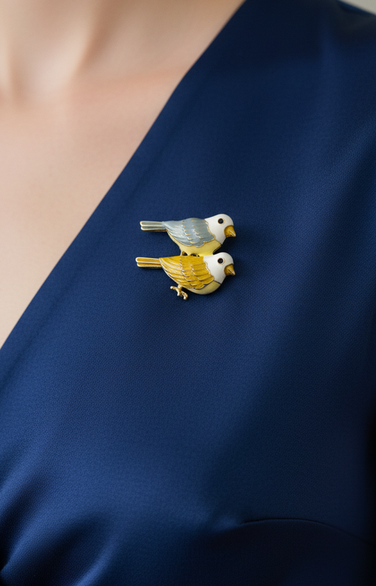 Yellow & Gray Enamel Bird Duo Brooch Pin