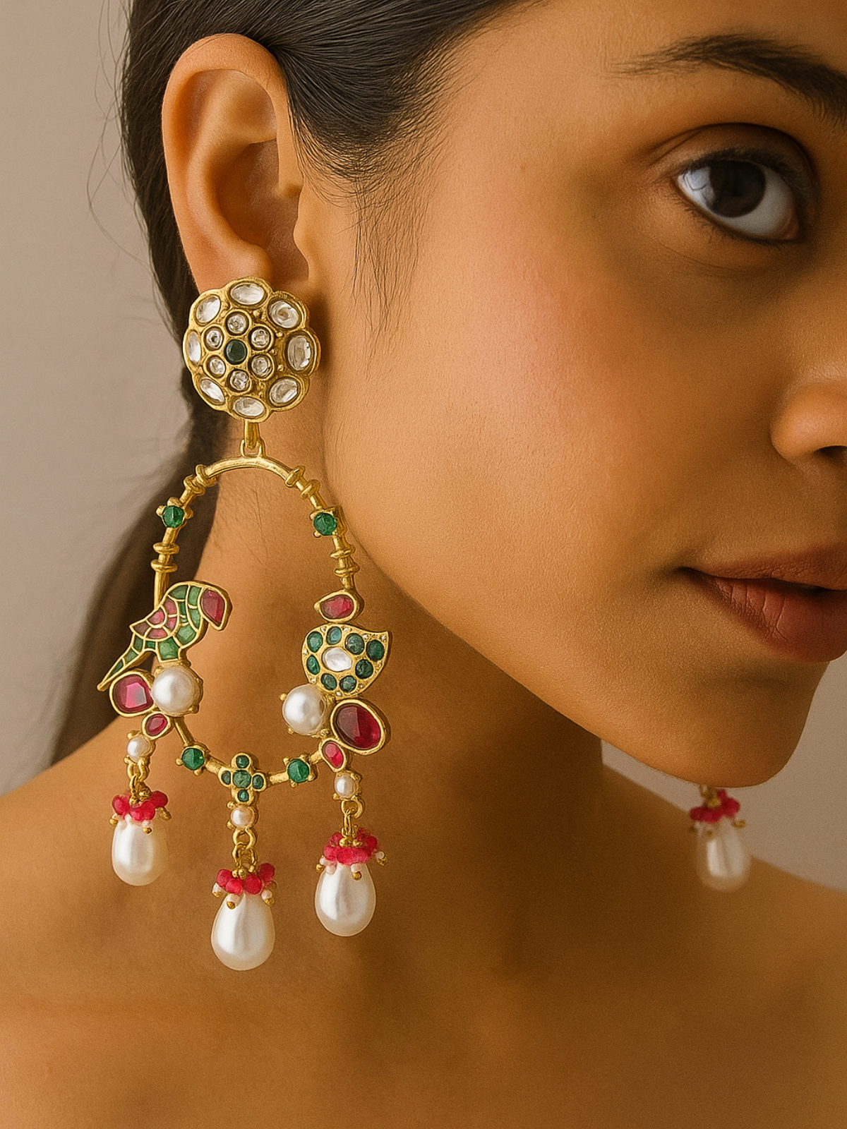 Regal Polki & Meenakari Chandelier Pearl Earrings