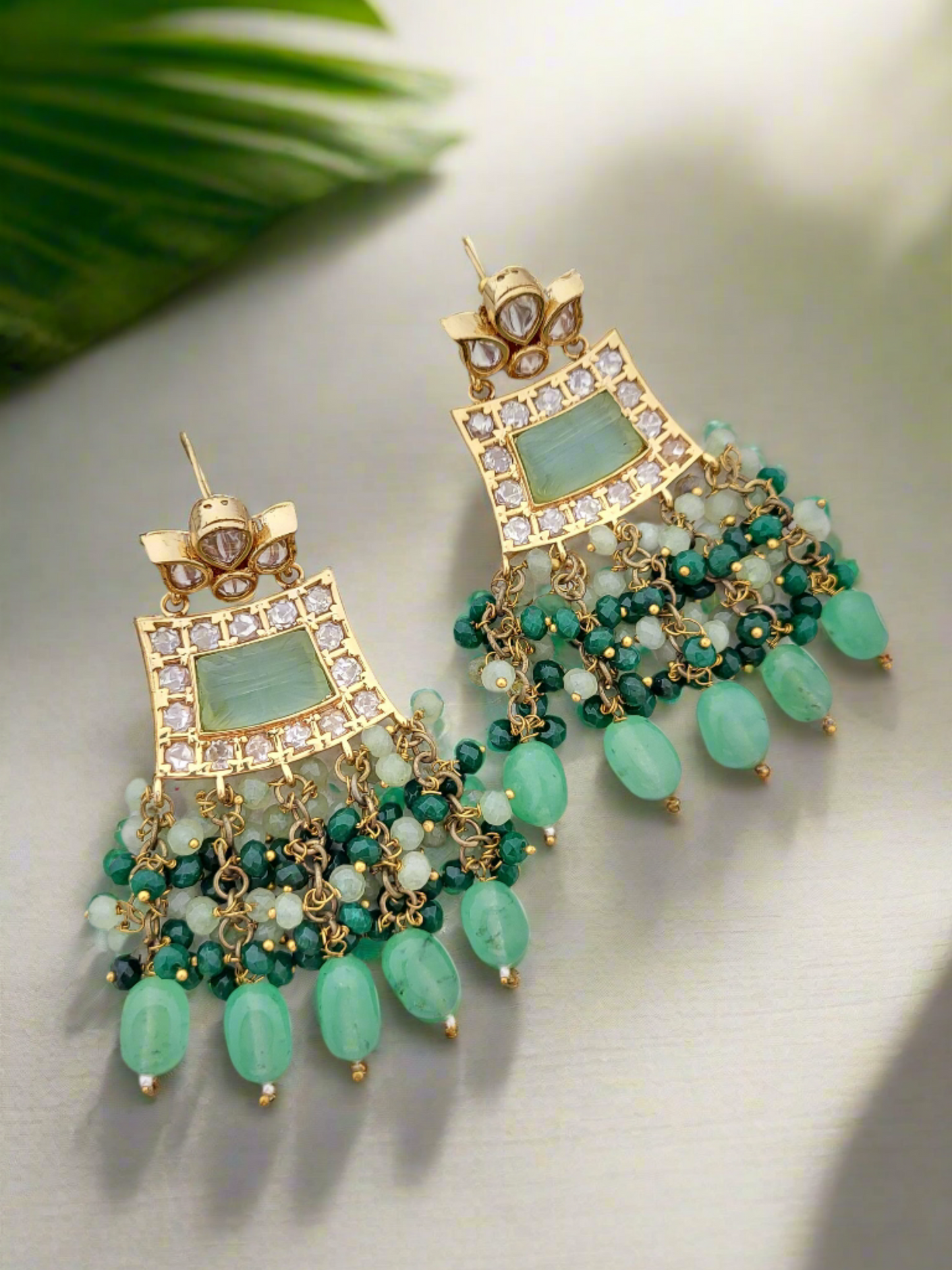 ANTIQUE GOLD PLATED WITH GREEN CRYSTALS & BEADS DANGLER EARRINGS