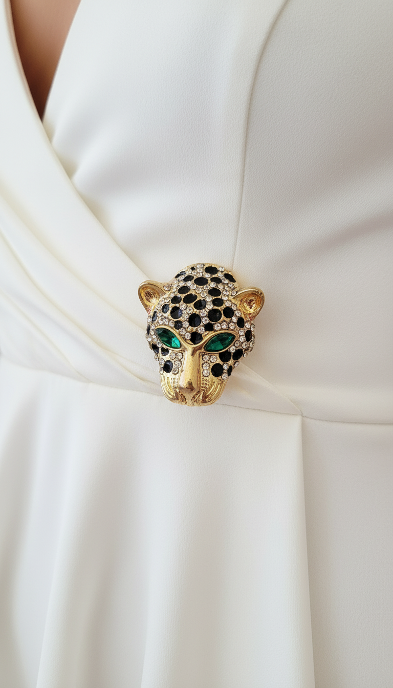 Crystal & Black Enamel animal Head Brooch