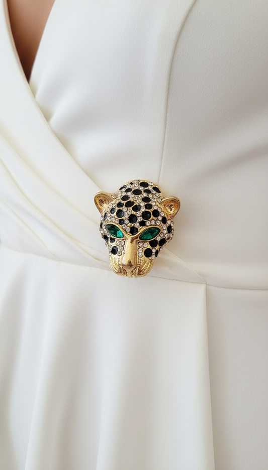 Crystal & Black Enamel animal Head Brooch