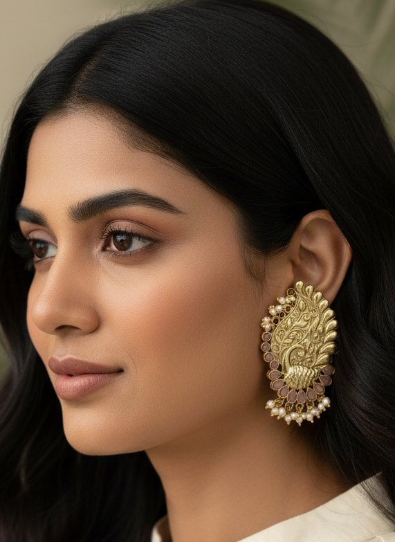 Peacock motif earrings in gold finish