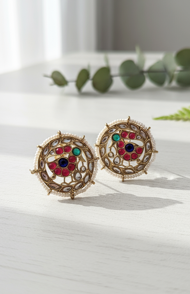 Colorful  Polki Stone Round Stud Earrings