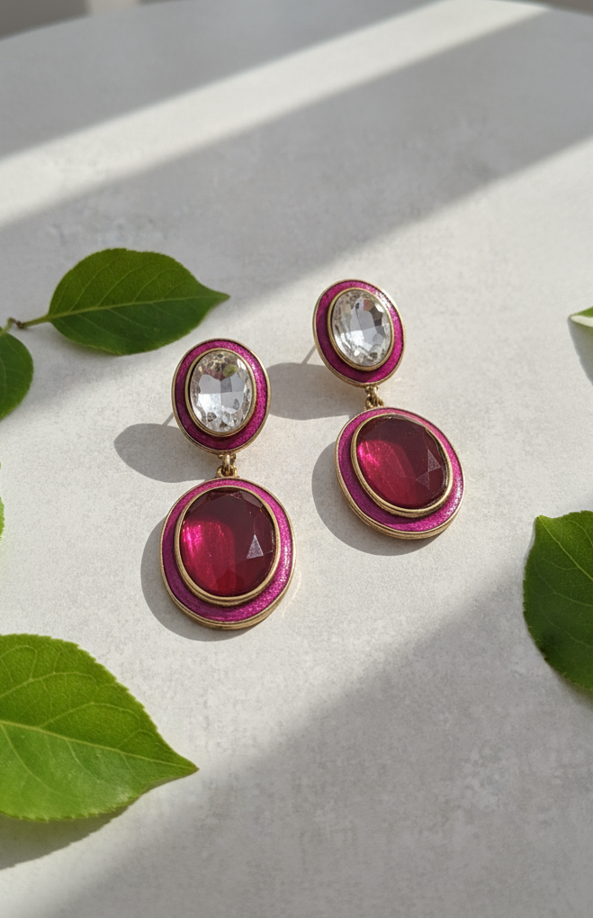 Bold Ruby Red & Crystal Fuchsia Enamel Drop Earrings
