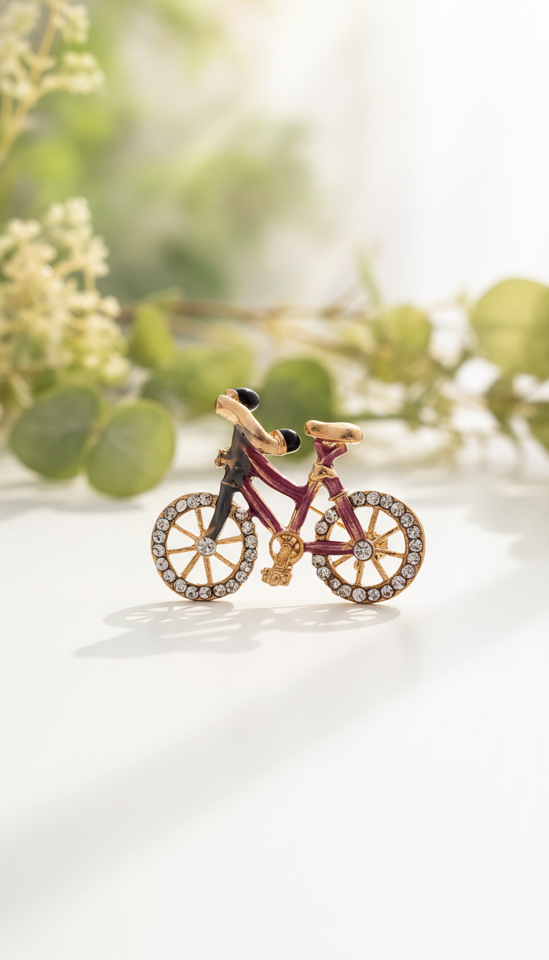 Chic Plum Enamel Bike Pin with Rhinestone Wheels