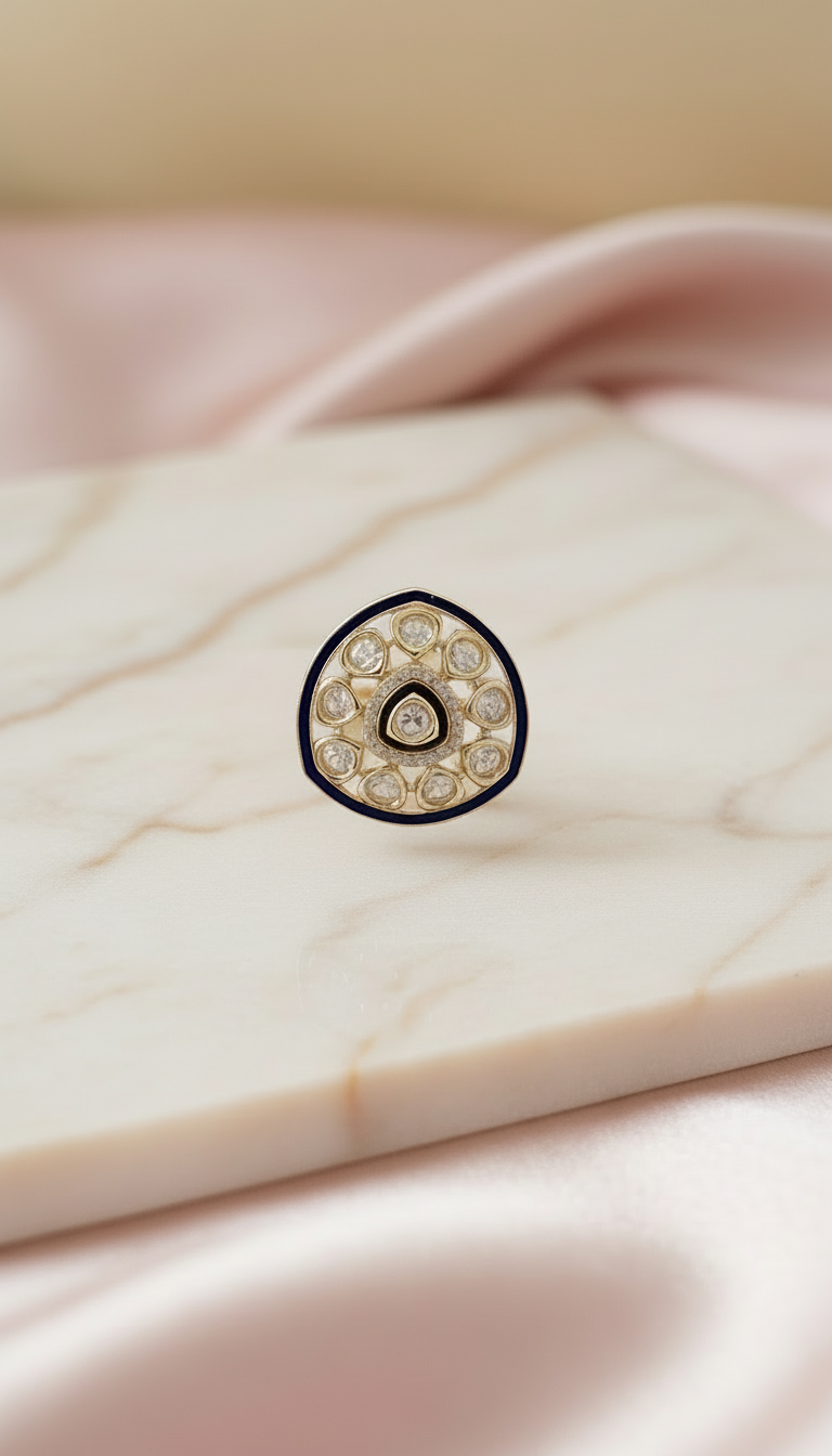 Navy Enamel Polki-Style Statement Ring