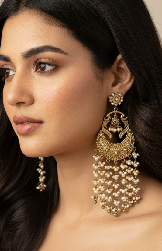 Grand Antique Gold Chaandbali Jhumka Earrings with Pearl Tassels