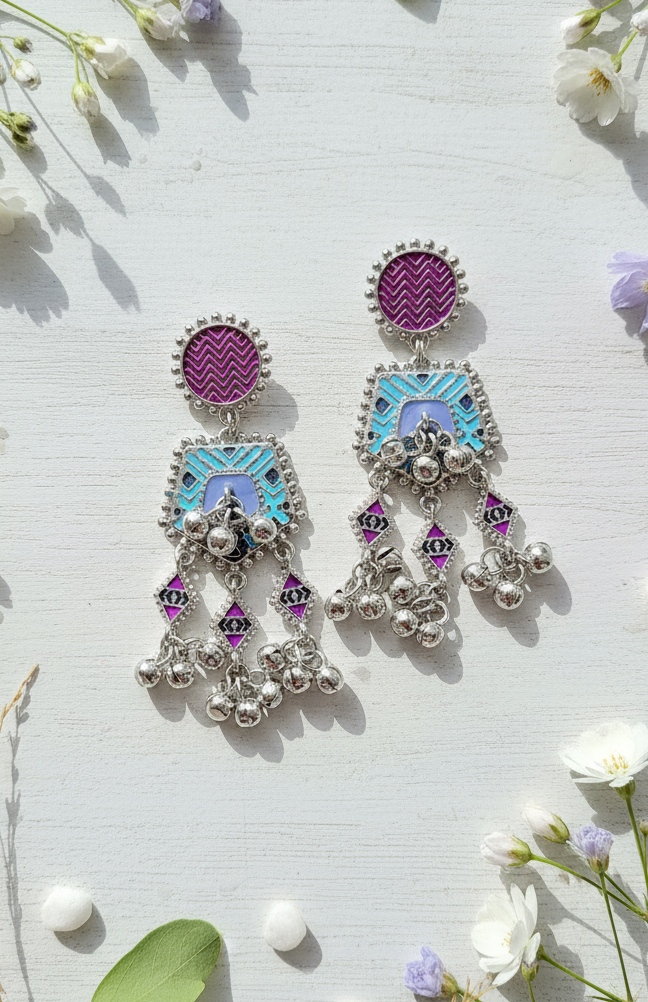 Artisan Chevron & Peacock Enamel Chandelier Earrings