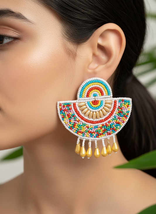 Colorful Handmade Beaded Fan Earrings with Yellow Drop Beads