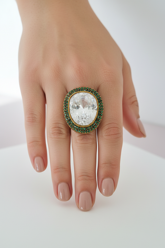 Emerald Green Accented Clear Stone Ring