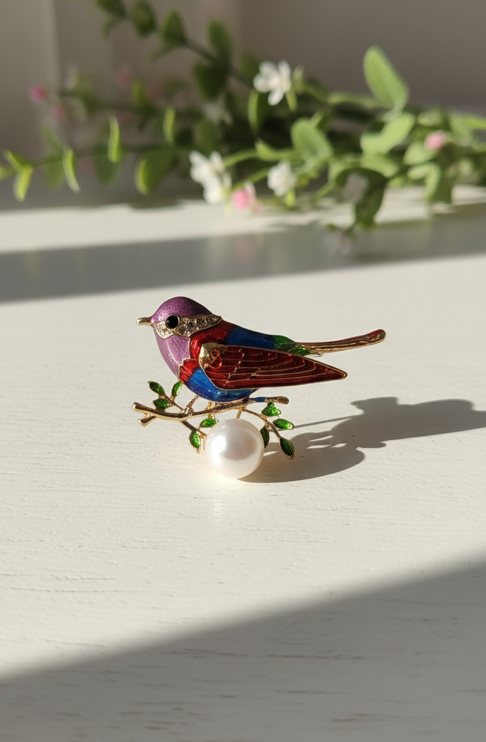 Colorful Enamel & Crystal Bird on Pearl Branch Brooch
