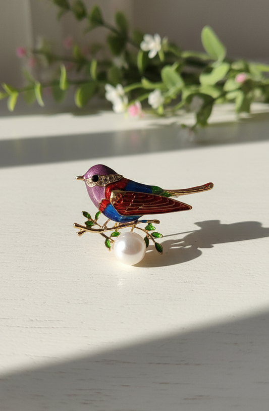 Colorful Enamel & Crystal Bird on Pearl Branch Brooch