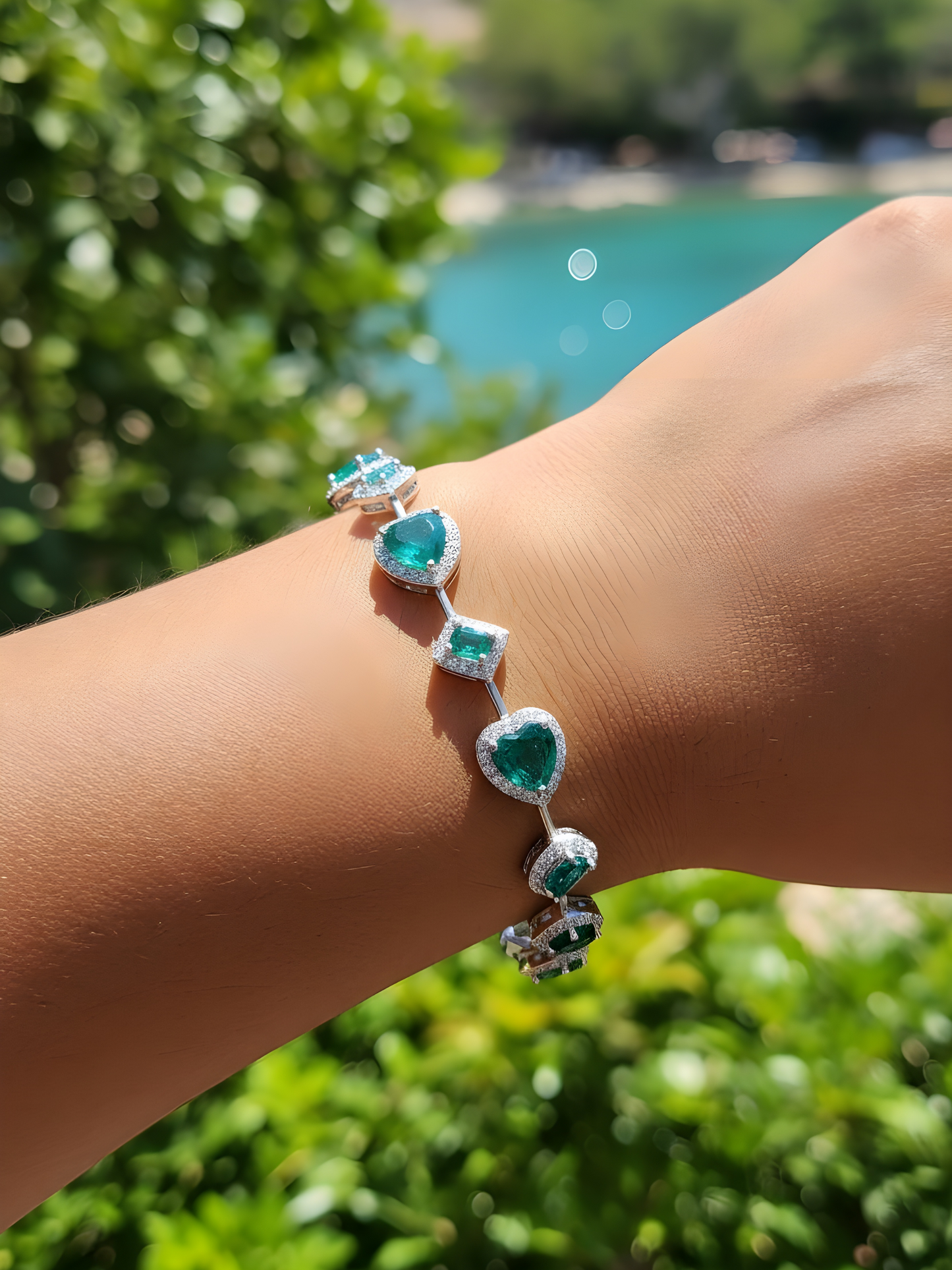 Emerald green multi- cut stone bracelet with diamonds