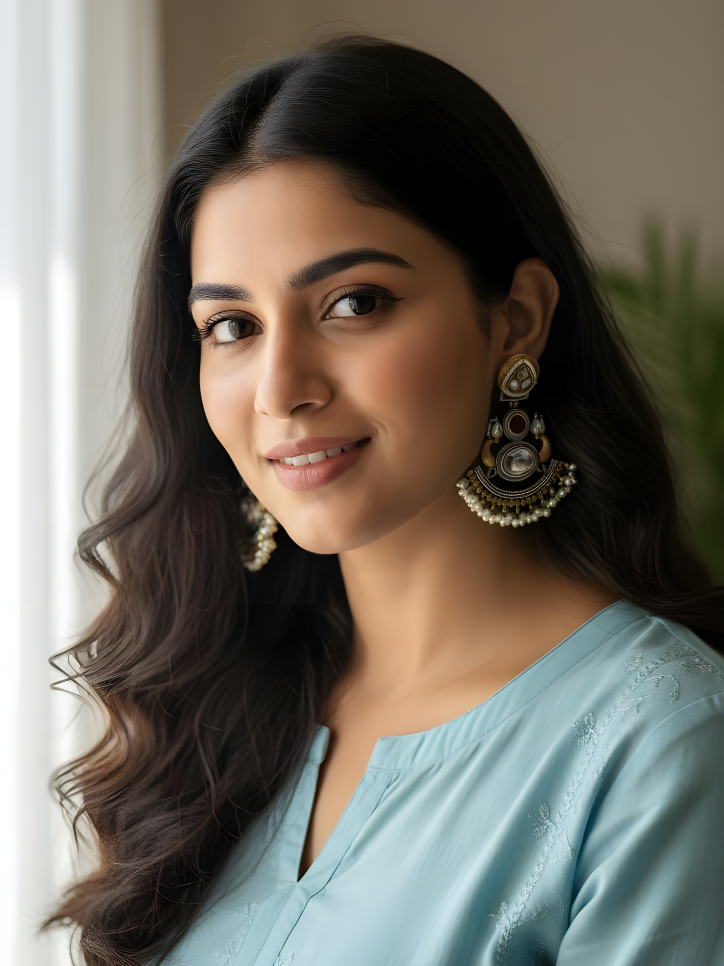 Two tone earrings with stone and pearl