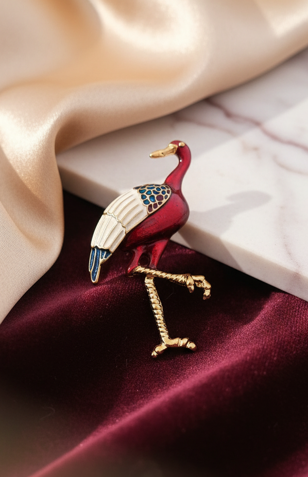 Ruby Red Enamel Bird Brooch Pin