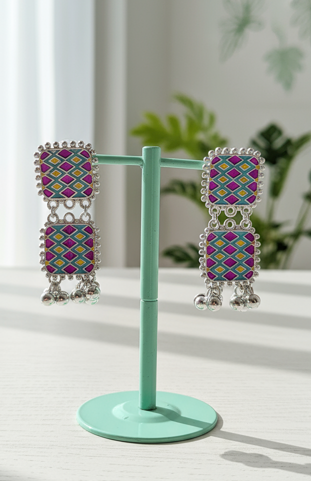 Oxidized Silver & Pink-Teal Meenakari Jhumki Drops