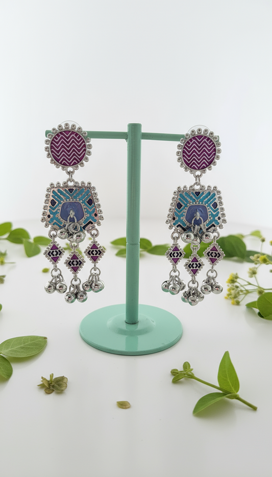 Artisan Chevron & Peacock Enamel Chandelier Earrings