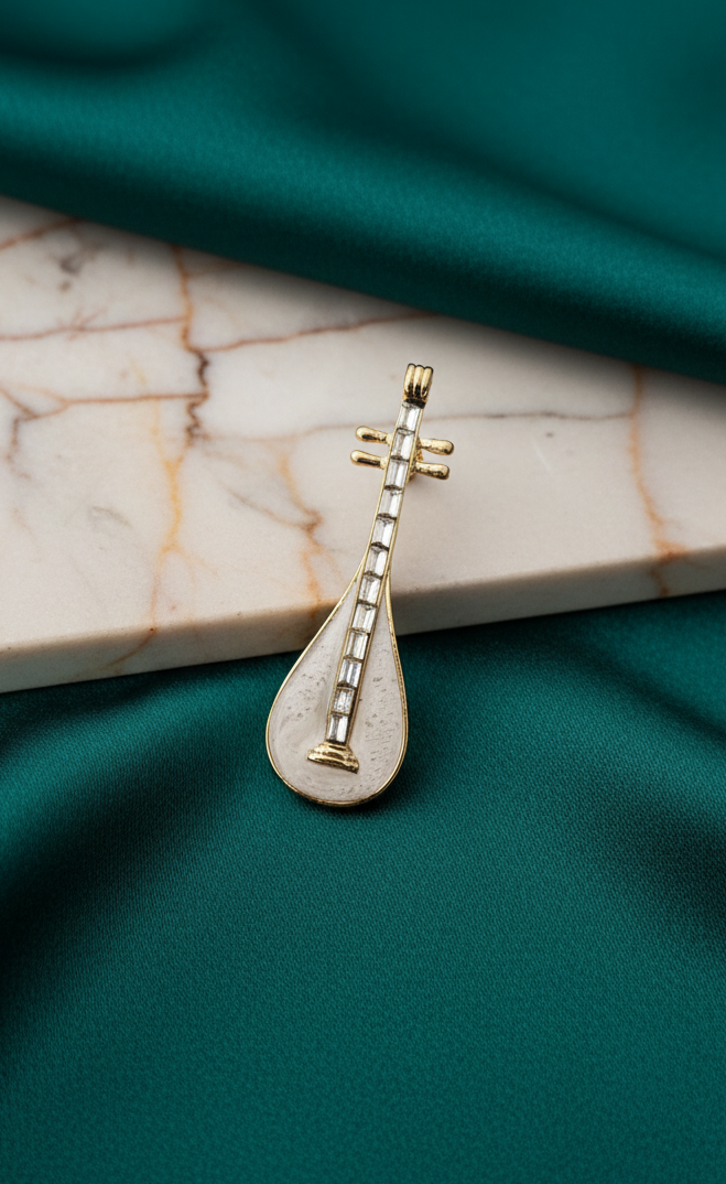 Crystal Baguette & White Enamel Sitar Brooch Pin