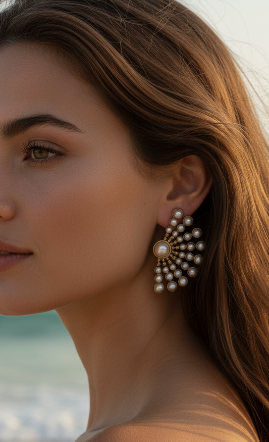 Regal Pearl Fan Cluster Stud Earrings