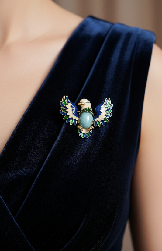 Majestic Blue Enamel Eagle Brooch with Gemstone