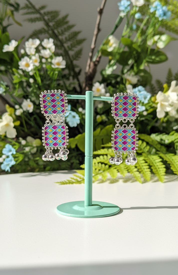 Oxidized Silver & Pink-Teal Meenakari Jhumki Drops