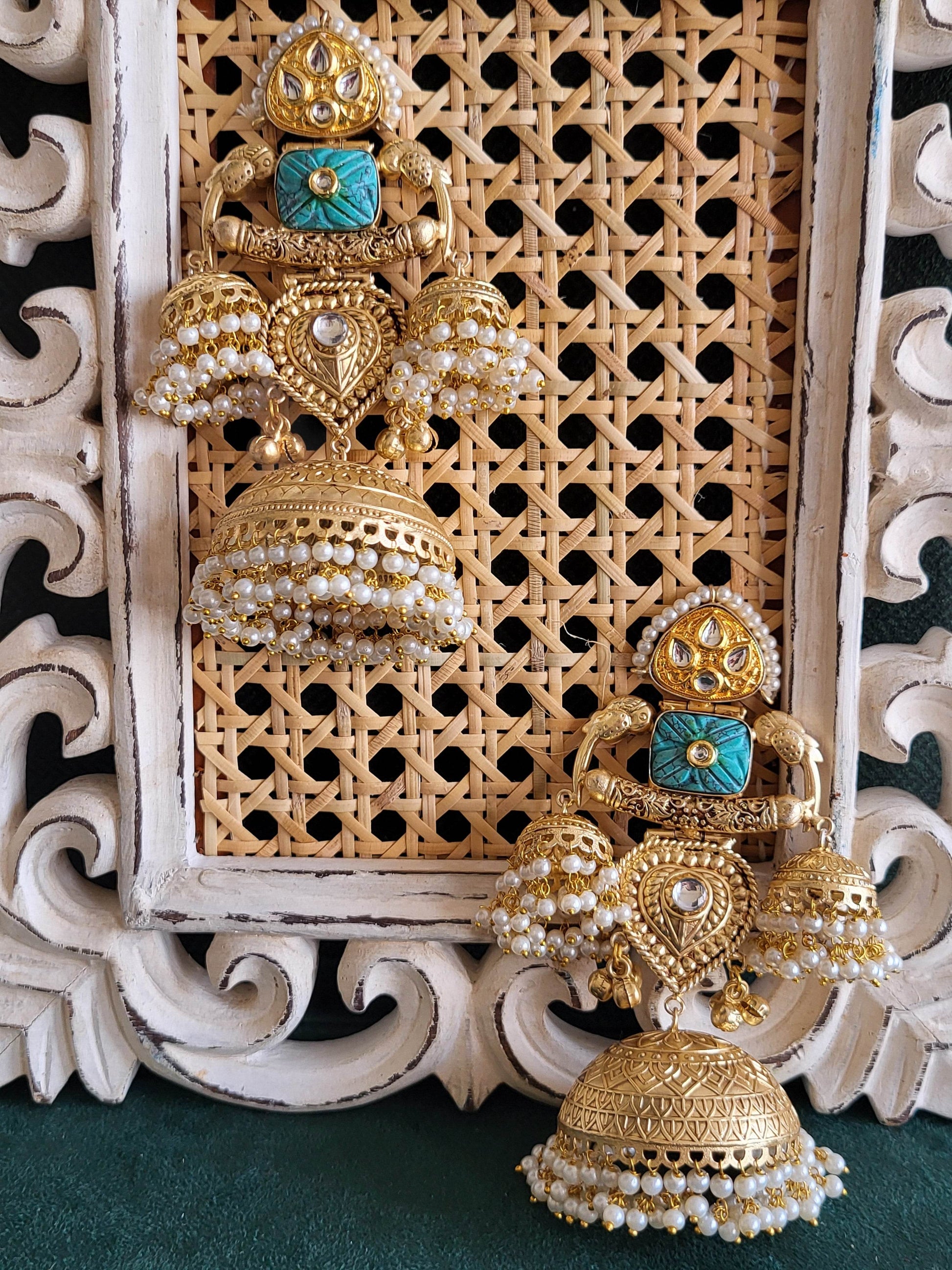 Gold-Toned Big Dome Jhumka Earrings with Turquoise Accents and Pearl Drops. - Mirae 