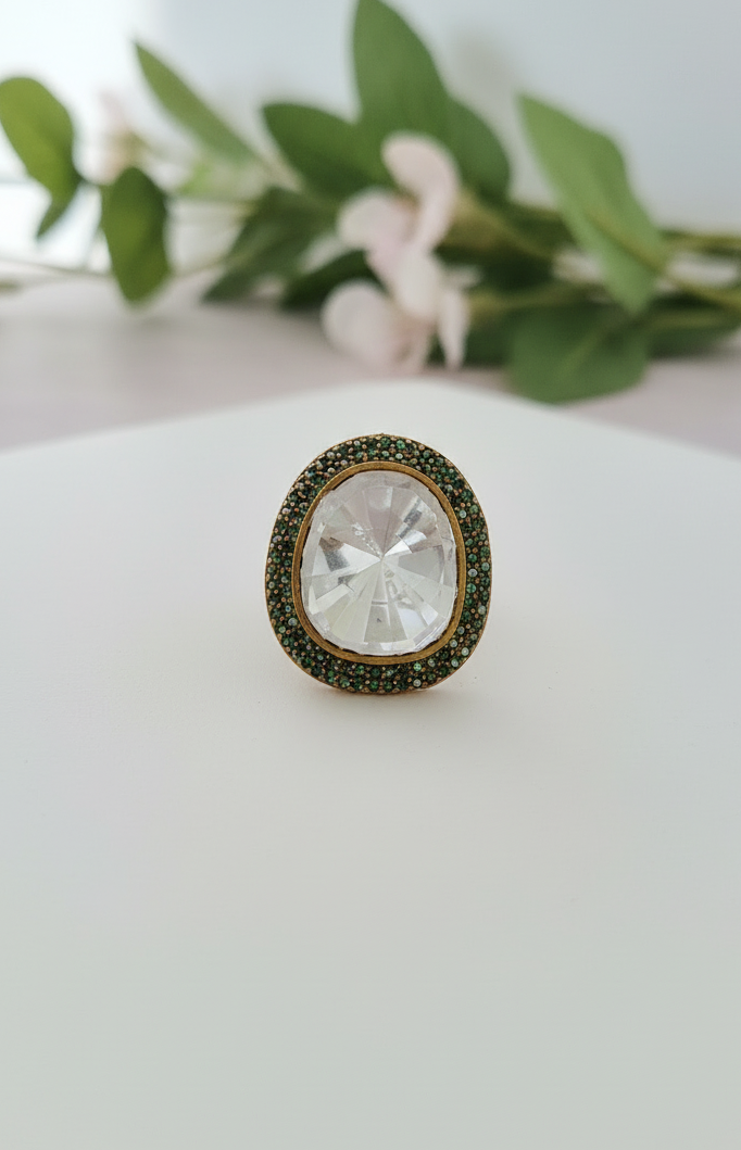 Emerald Green Accented Clear Stone Ring