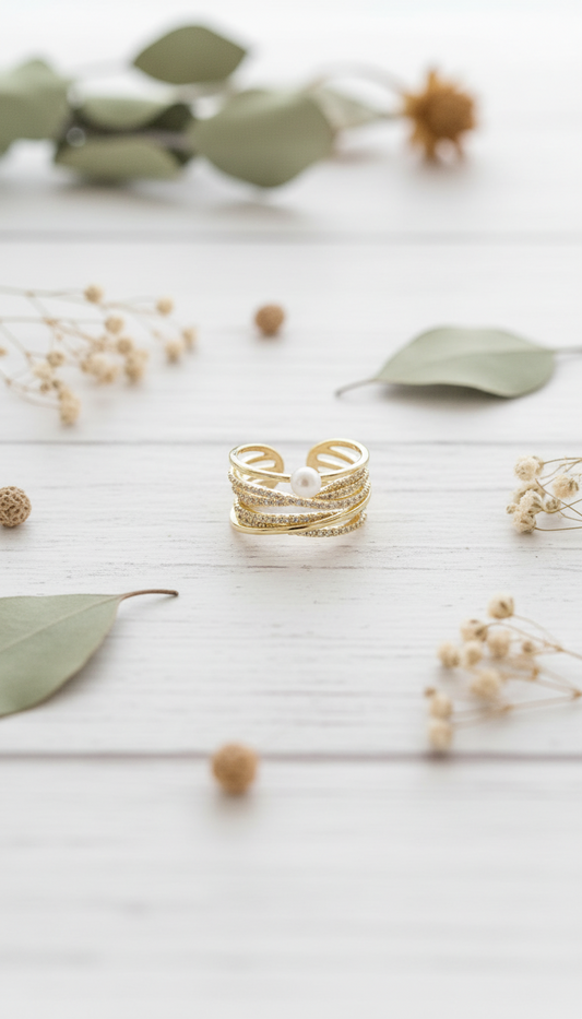 The Chic Layered Pavé Pearl Cuff Ring