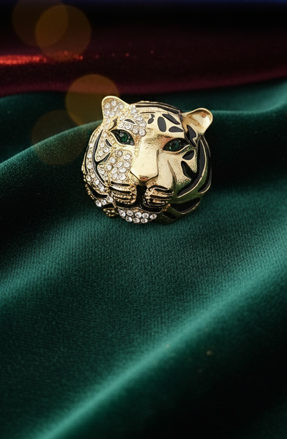 Majestic Crystal & Enamel Tiger Head Brooch