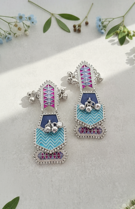 Layered Blue Enamel & Ghungroo Drop Earrings
