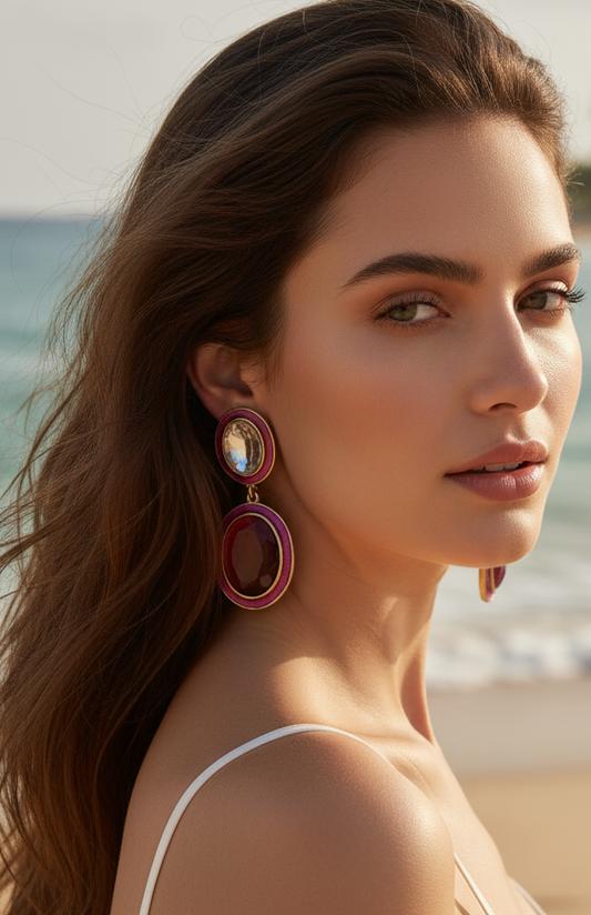 Bold Ruby Red & Crystal Fuchsia Enamel Drop Earrings