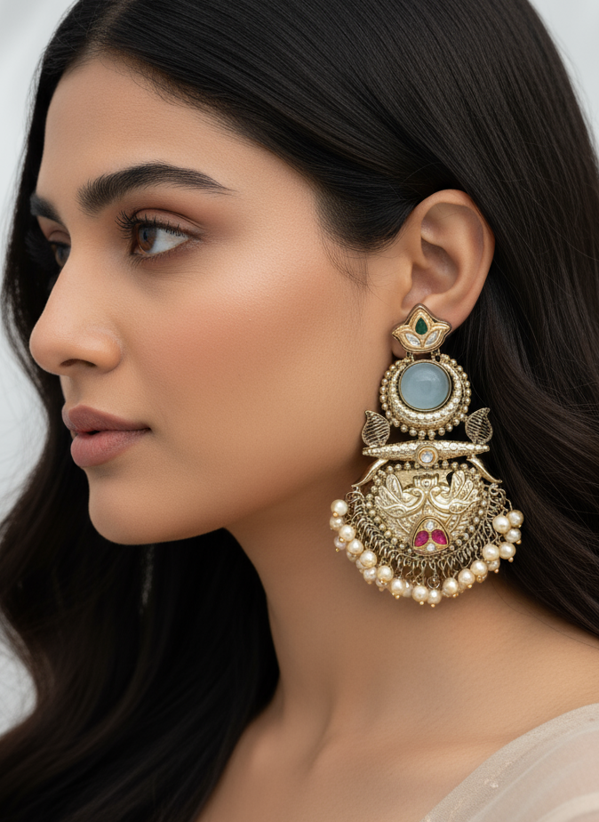 Antique Gold-Toned Peacock Dangle Earrings