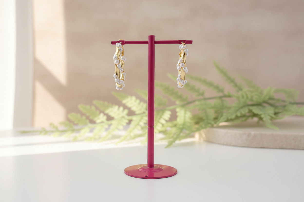Twisted Gold Pearl Hoops